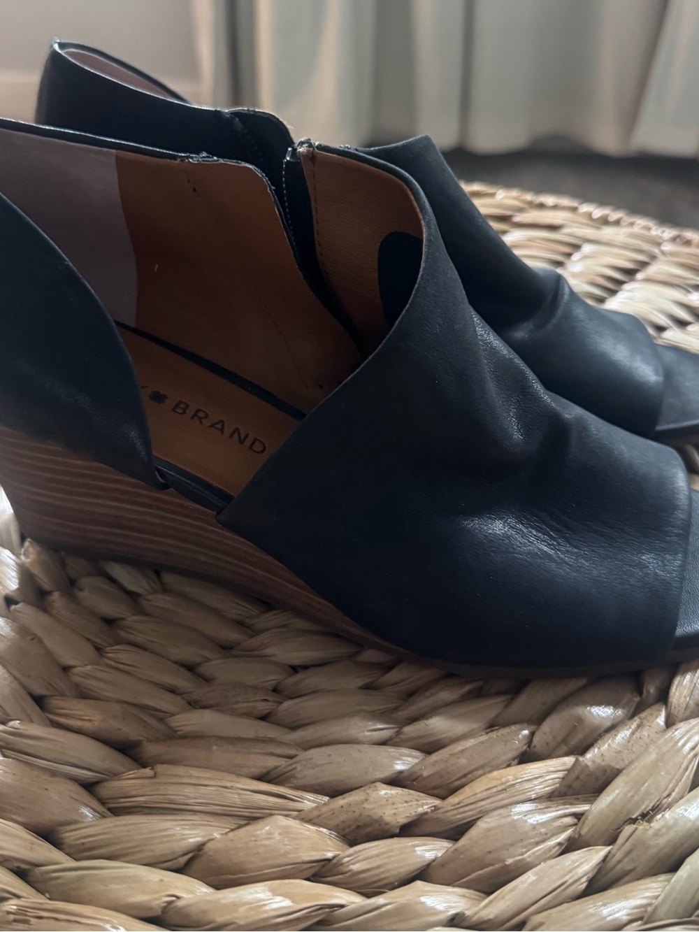 Lucky Brand Black Leather Open-Side Wedge Mules